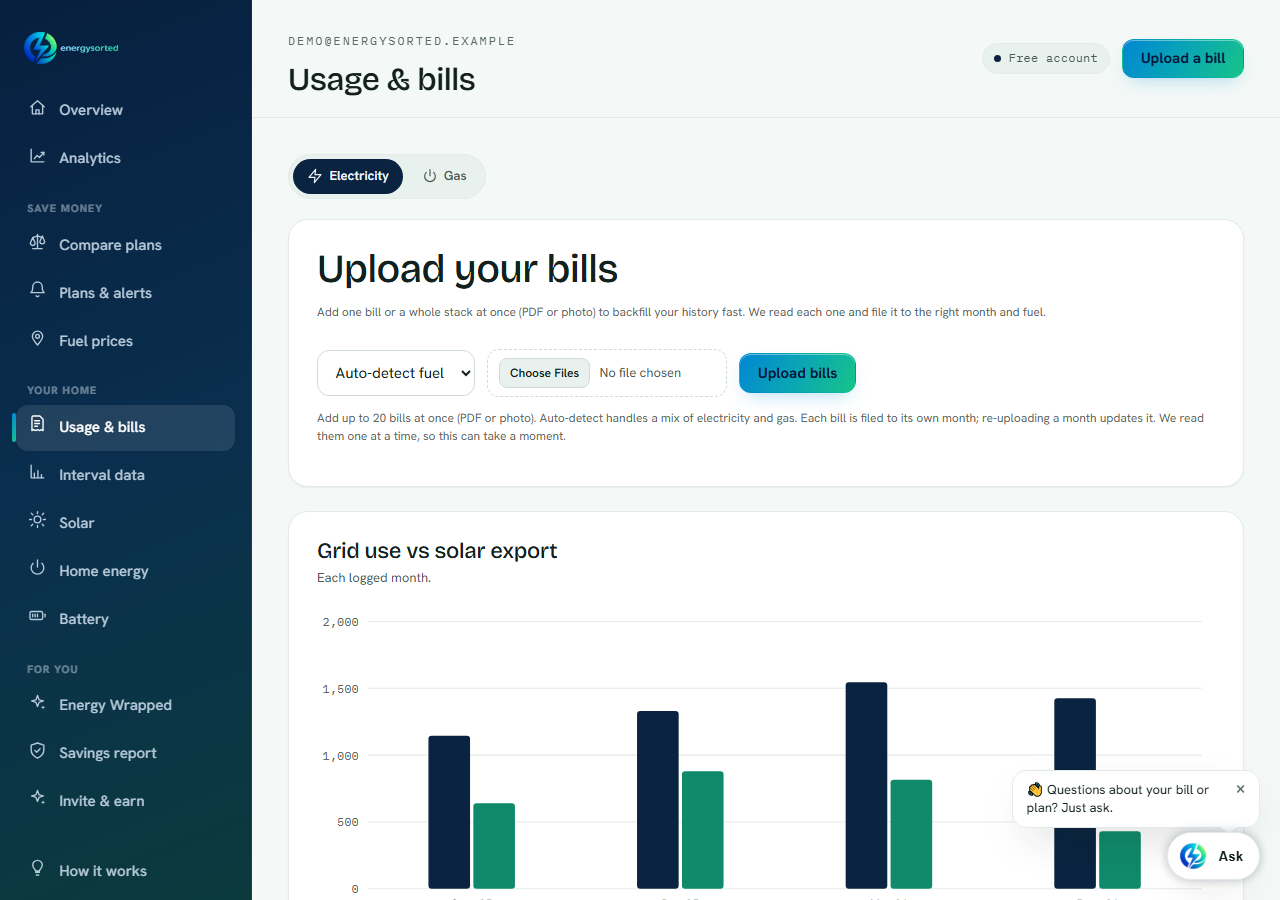 The Usage and bills page. An "Upload your bills" panel has a fuel selector set to "Auto-detect fuel", a file chooser and an "Upload bills" button, with a note that up to 20 bills can be added at once as PDF or photo. Below it a "Grid use vs solar export" bar chart plots each logged month.