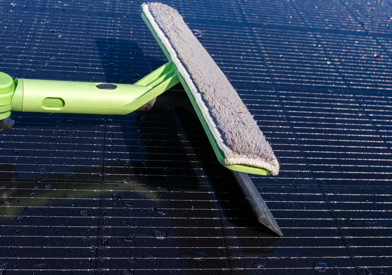 A person cleaning a solar panel with a squeegee on a long handle.