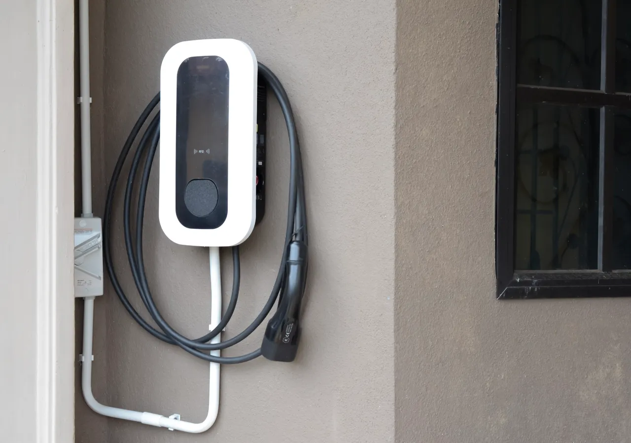 A white wall-mounted electric vehicle charger fixed to the exterior wall of a house, its cable coiled neatly beside a window.