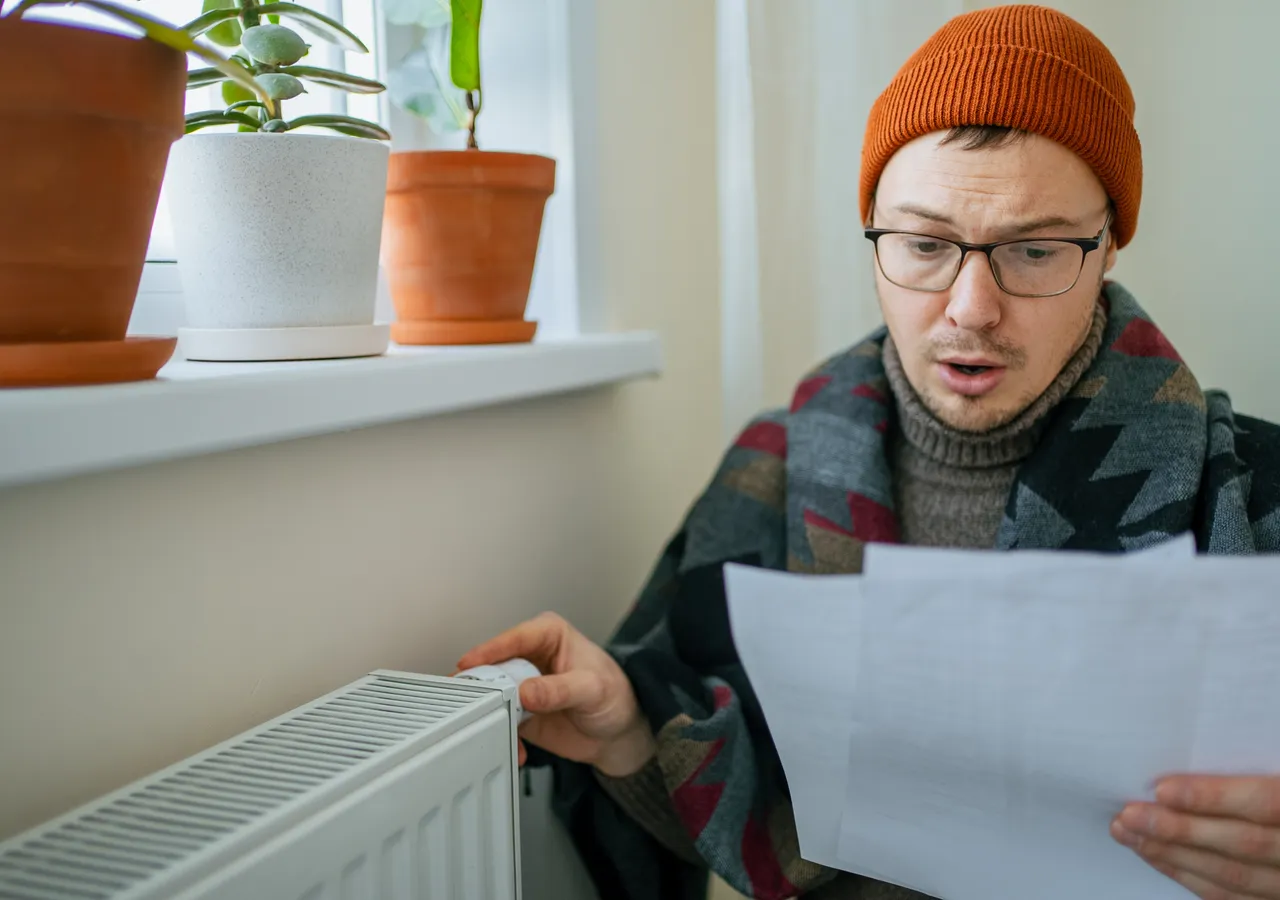 A man crouched beside a panel heater with one hand resting on it, holding an energy bill in the other and reading it.