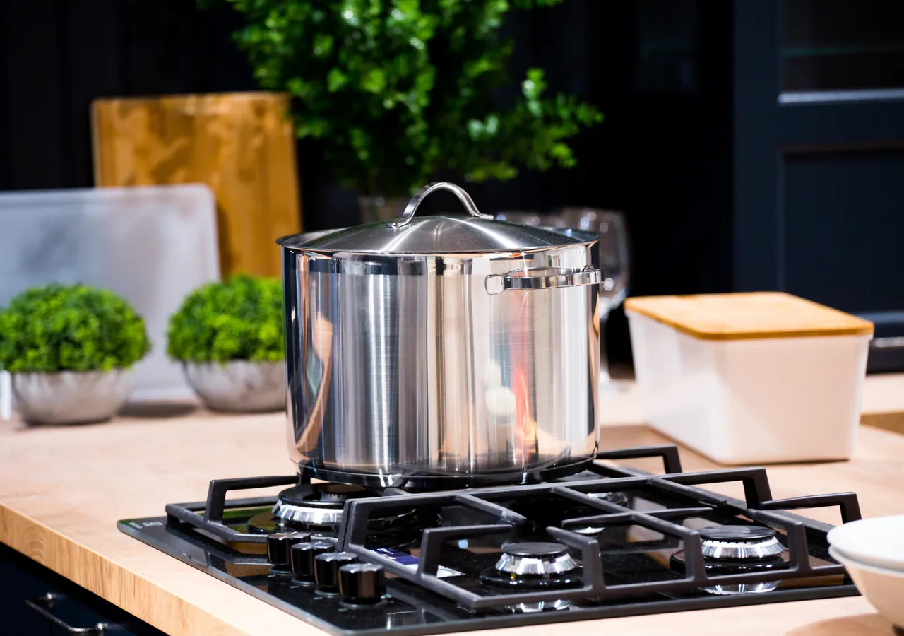 A large stainless steel stockpot with its lid on, sitting on a gas cooktop in a bright kitchen with potted herbs beside it.