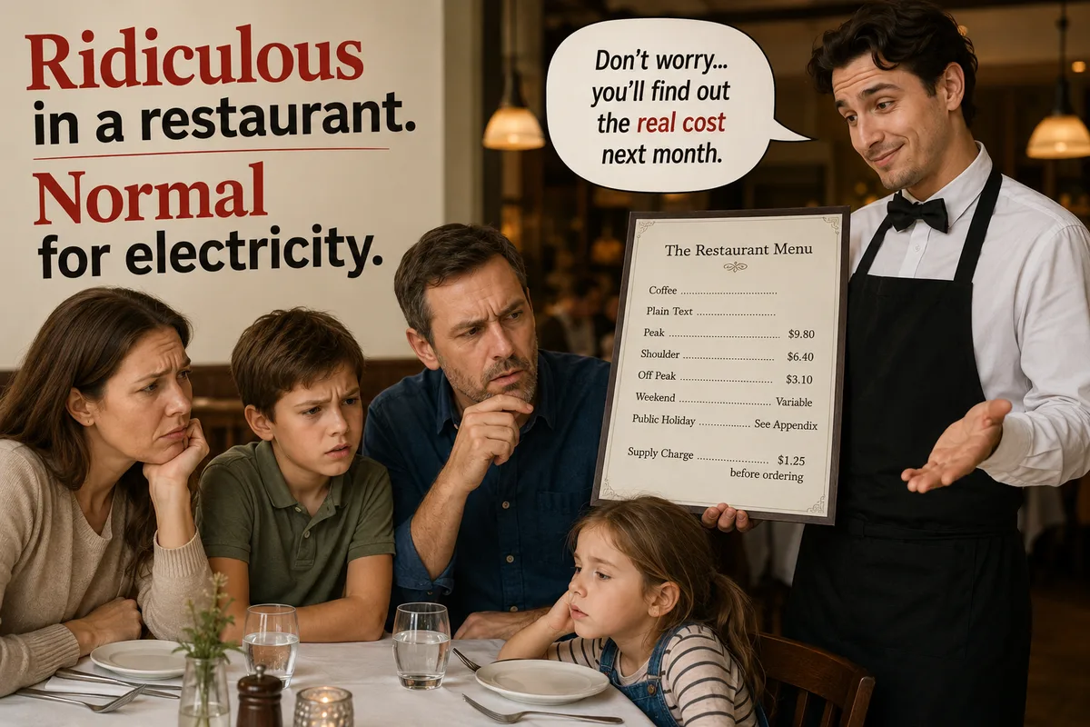 A restaurant hands a family a menu of confusing electricity charges — peak, shoulder, off-peak, supply charge — with the punchline that they won't find out the real cost until next month.