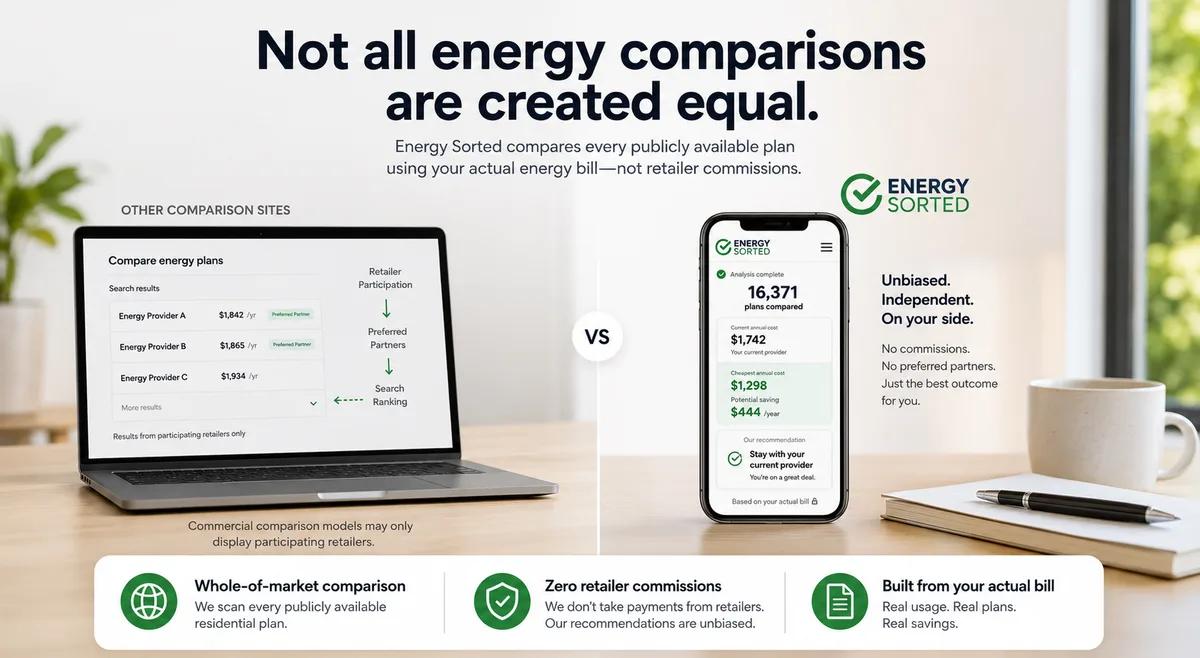 Not all energy comparisons are equal: other sites rank only their preferred, participating retailers, versus EnergySorted comparing every publicly available plan on your actual bill — no commissions, no preferred partners.