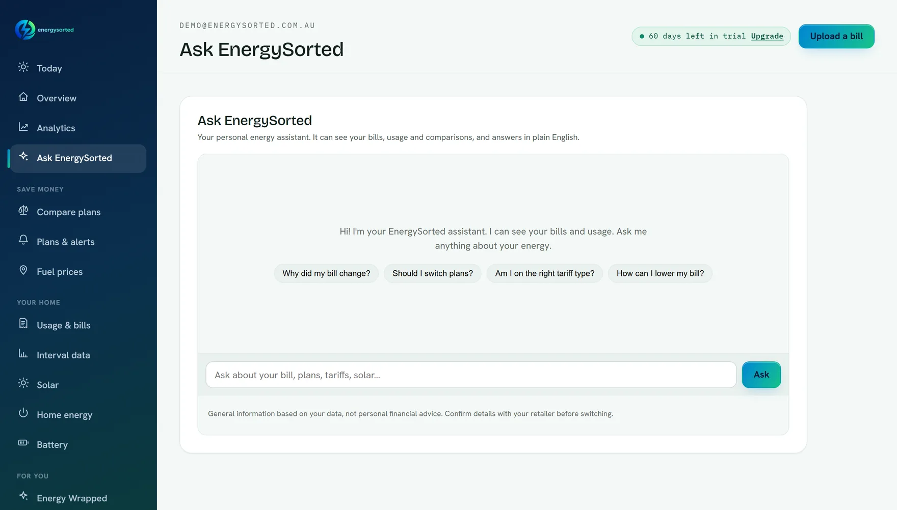 The Ask EnergySorted chat advisor grounded in the customer’s own bills