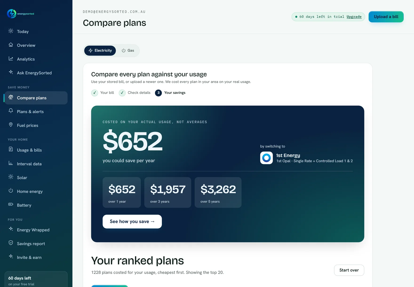 The Compare plans screen: a real saving costed on the customer's actual usage, naming the cheaper plan and how many plans were costed to find it.