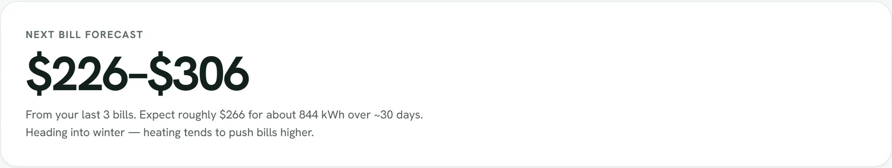 The next-bill forecast showing a projected dollar range based on the customer’s own usage