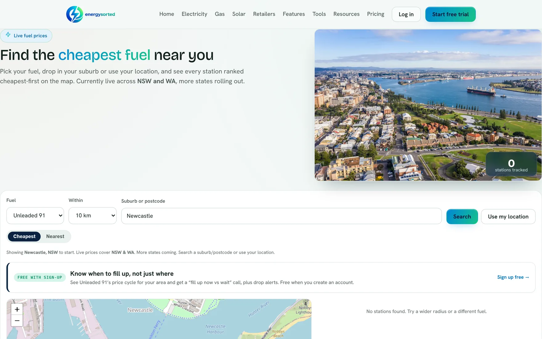 The fuel map showing petrol stations near a suburb ranked cheapest first