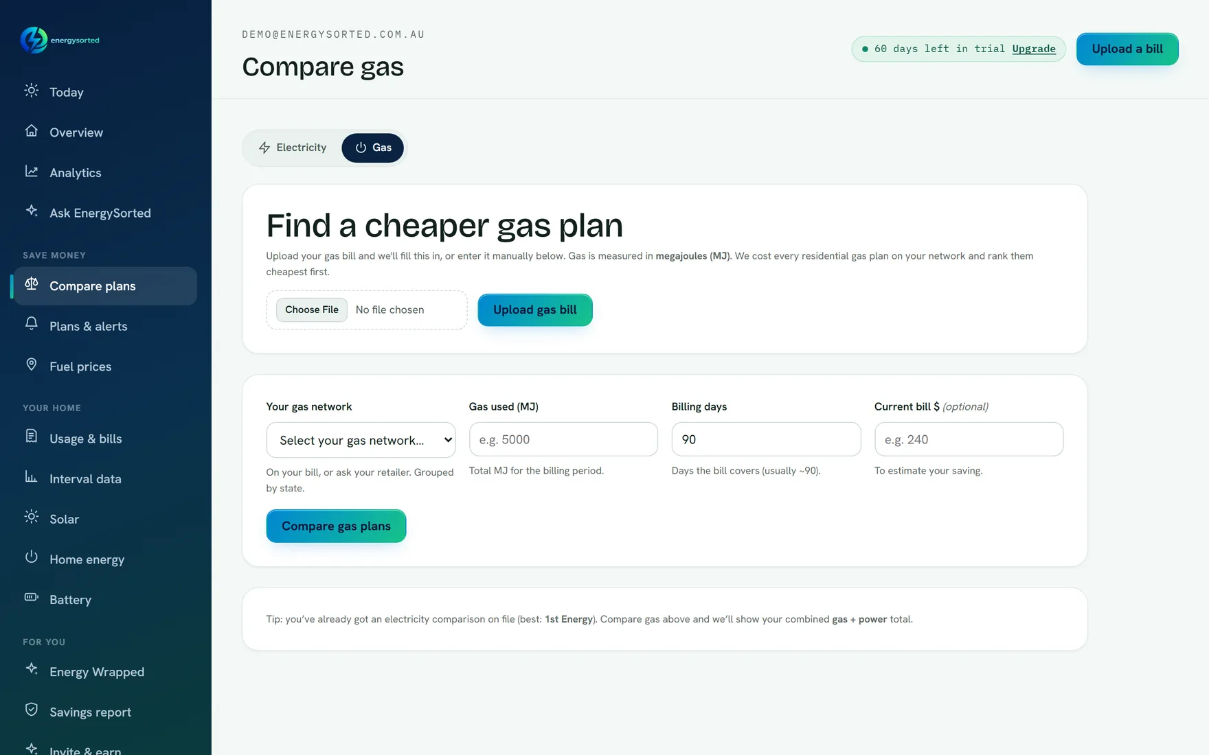 The gas comparison screen with stepped tariffs costed on the customer’s own megajoule usage