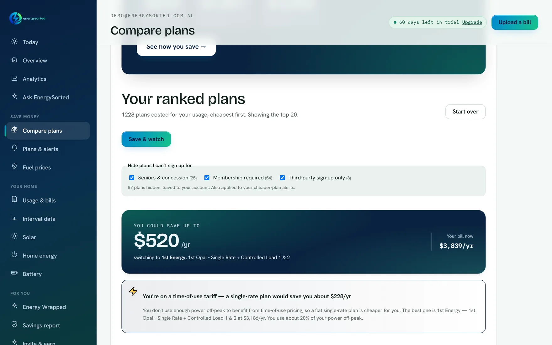 The ranked plans list showing eligibility filters hiding 87 plans the customer cannot sign up for