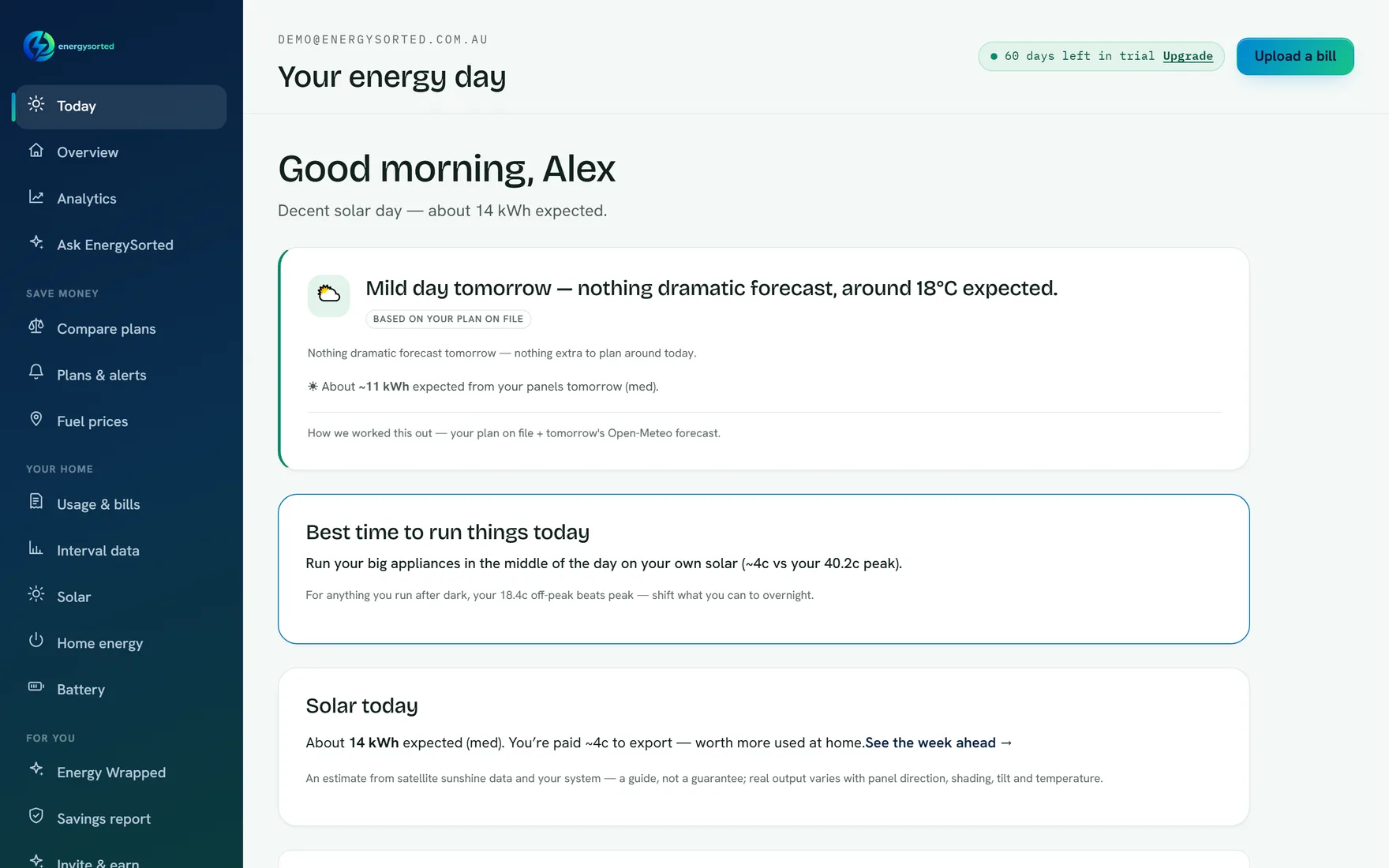 The Your Energy Day screen forecasting a mild 18°C tomorrow, marked “based on your plan on file”, with the best time to run appliances costed against this household’s real 40.2c peak and 18.4c off-peak rates